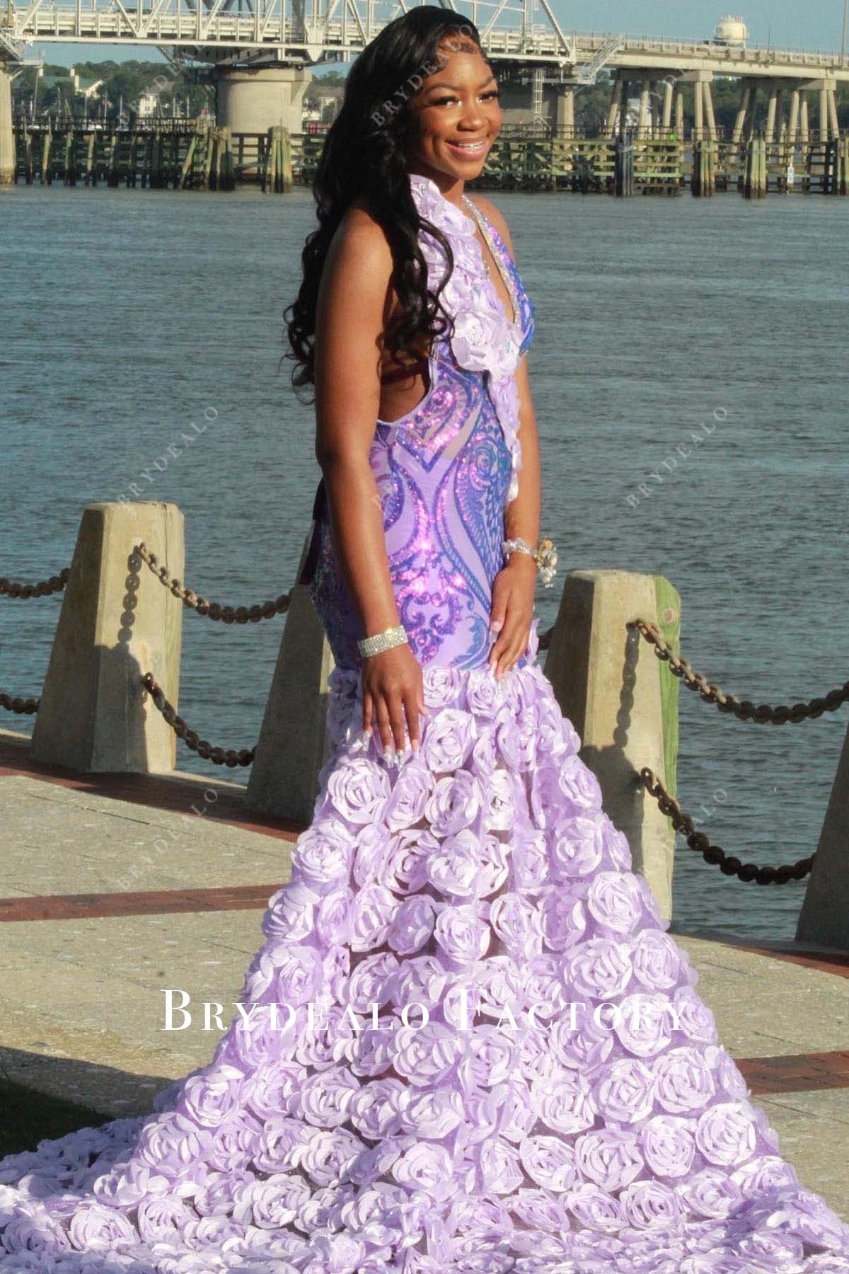 lilac sleeveless 3d roses mermaid prom dress