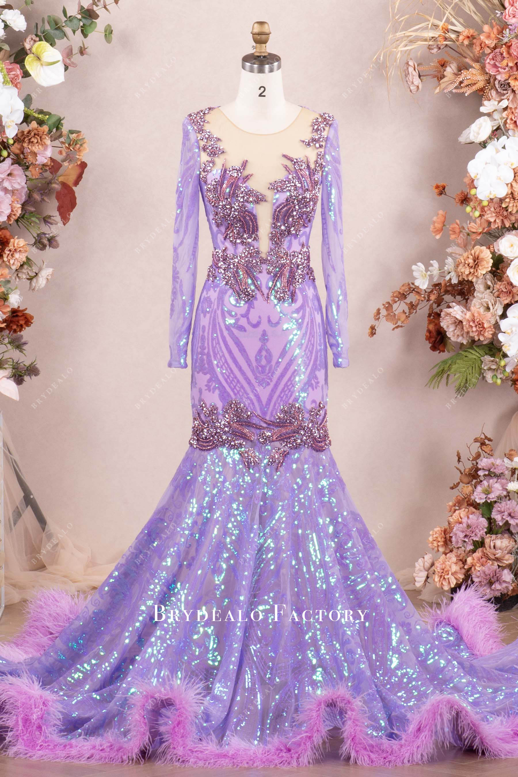 lilac sparkly rhinestone feather prom dress