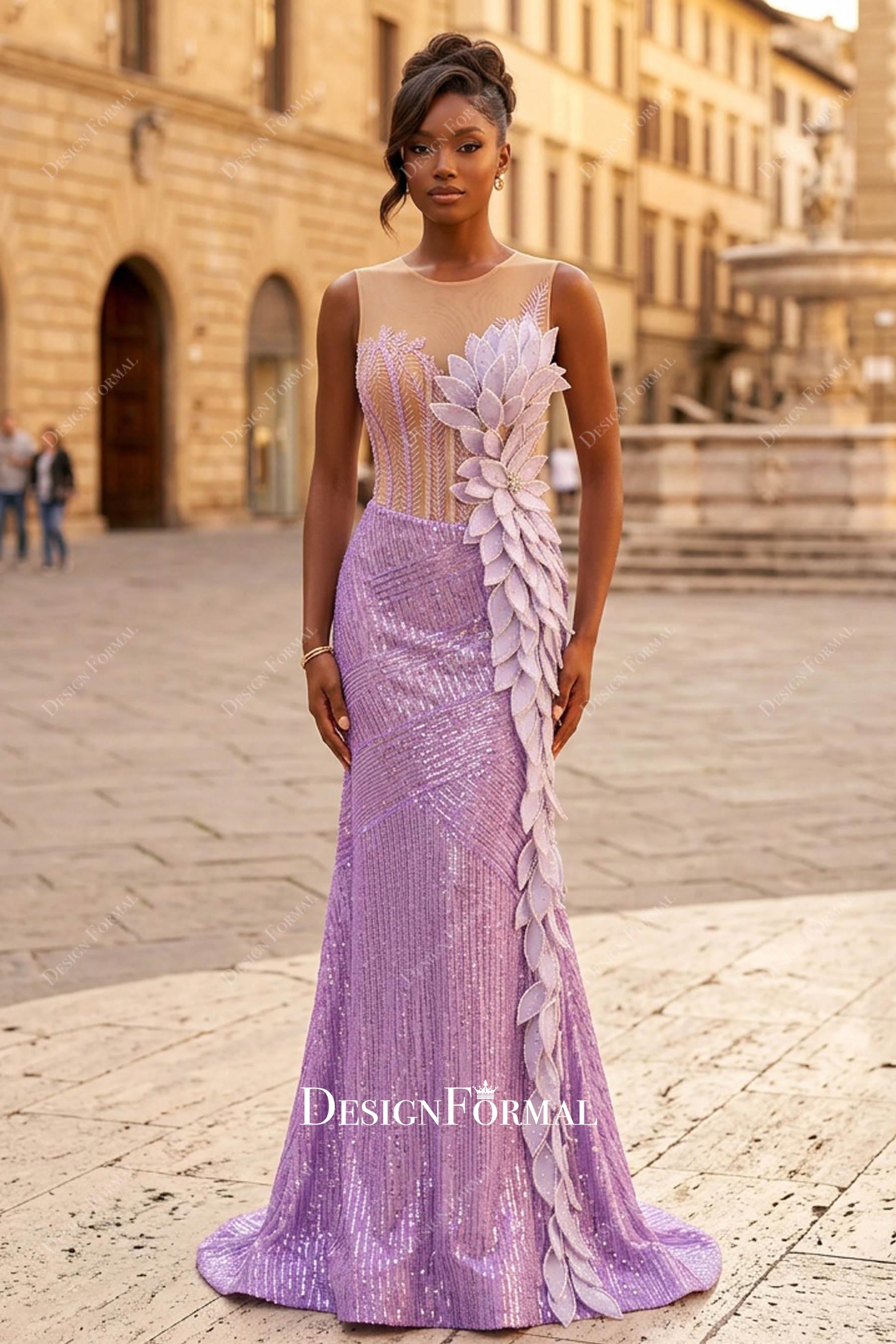 lilac unique fit flare sequined prom dress