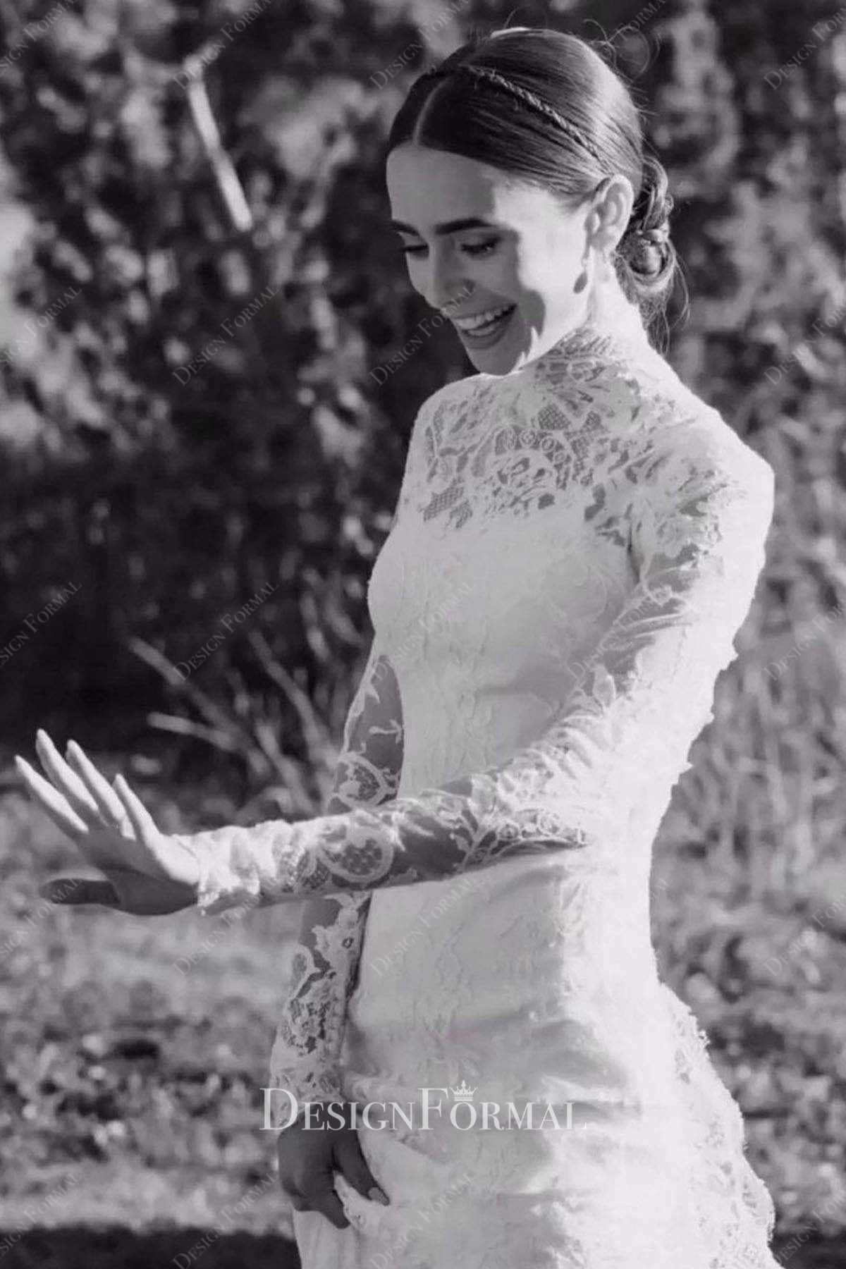 lily collins lace long sleeve wedding gown