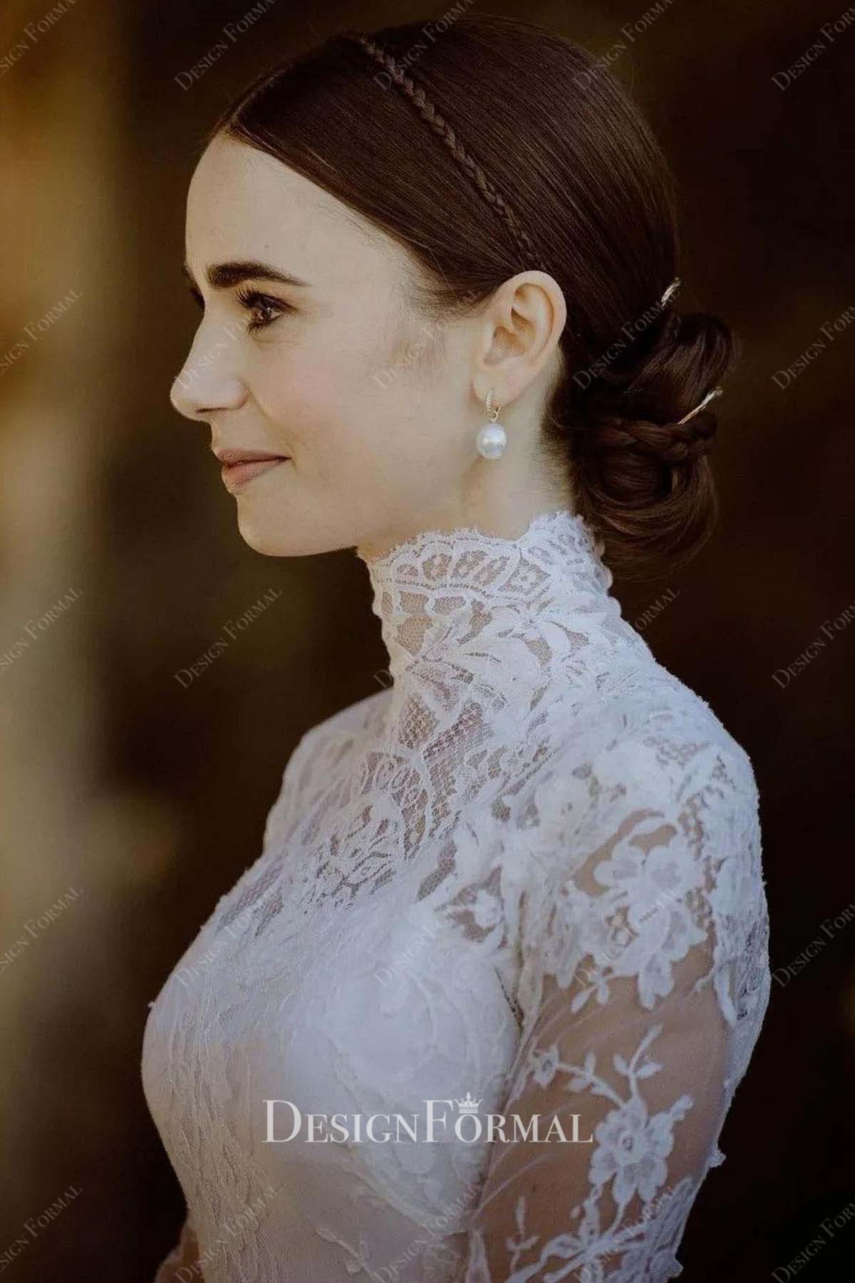 lily collins lace high neck wedding gown