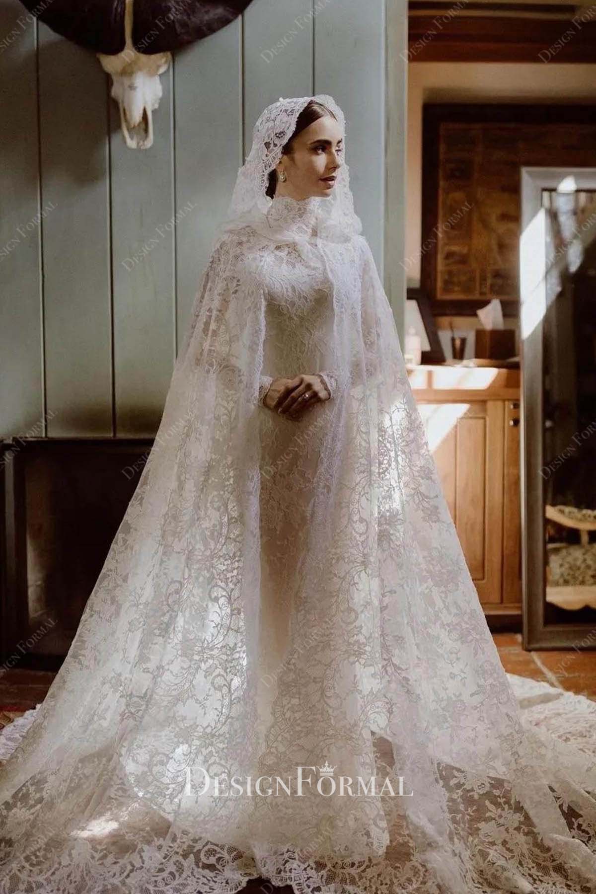lily collins stunning lace adorned wedding gown cloak veil