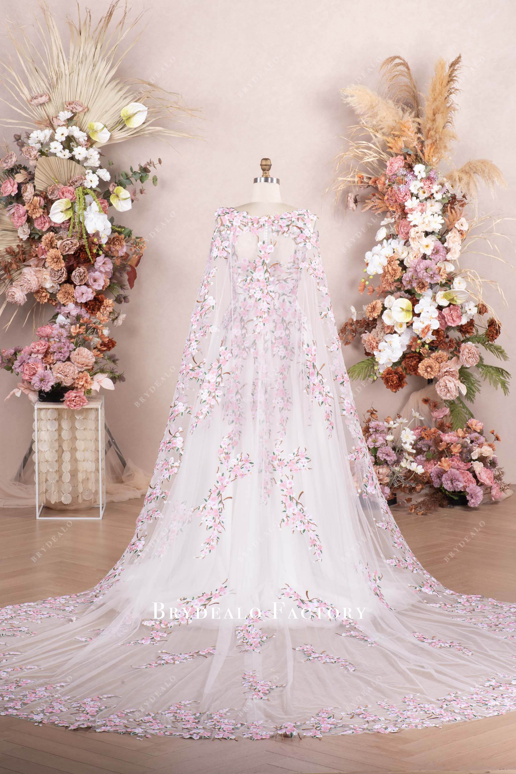 long cape veil pink white wedding dress