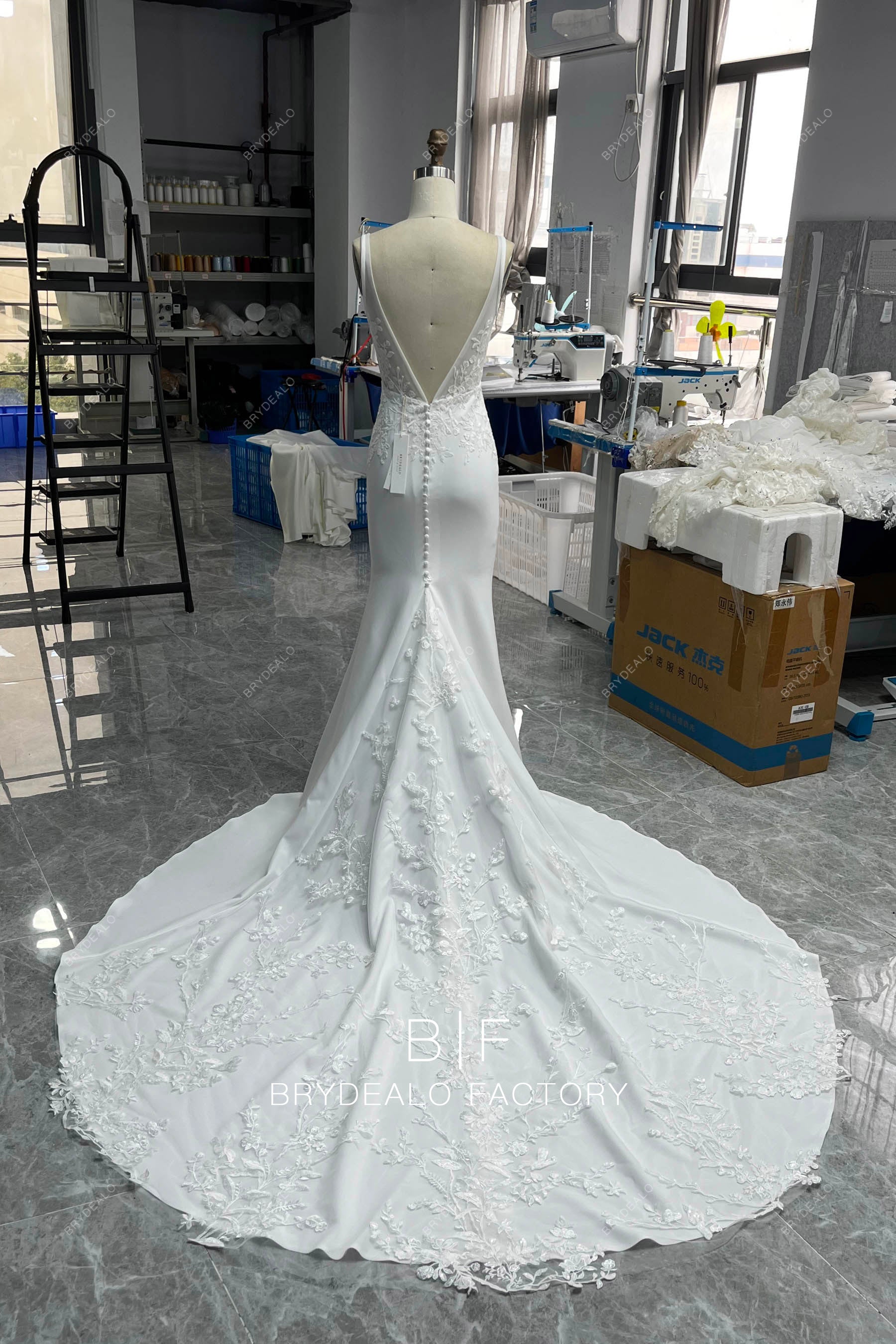 long godet train crepe lace wedding gown