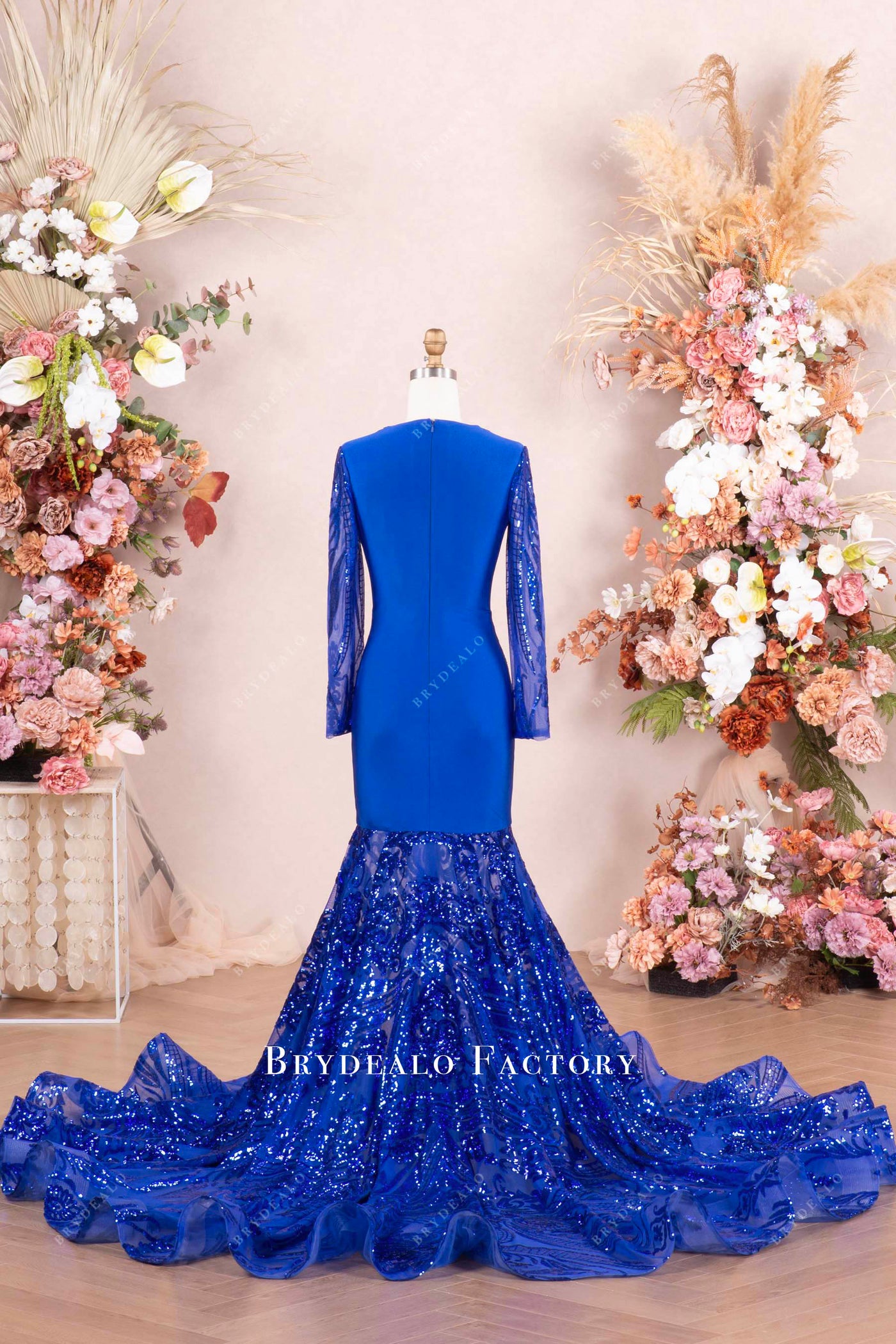 Royal Blue Long Sleeves Sequins Mermaid Prom Dress with Split main image 1