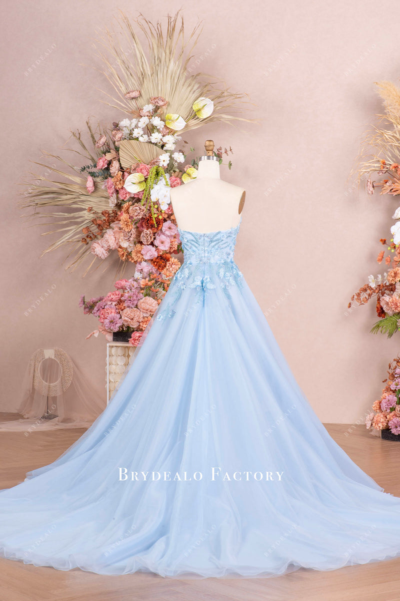 Romantic Sweetheart Strapless Lace Sky Blue Floor-Length Prom Dress main image 1