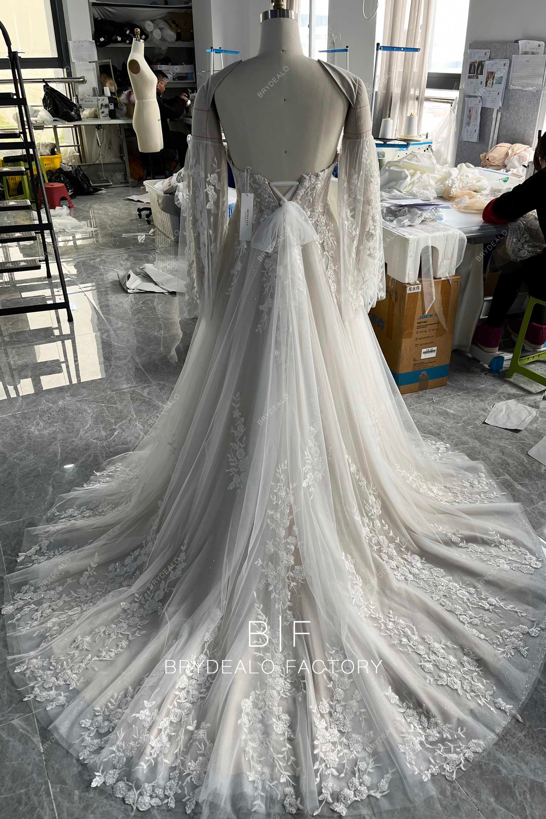 long train A-line open back wedding dress