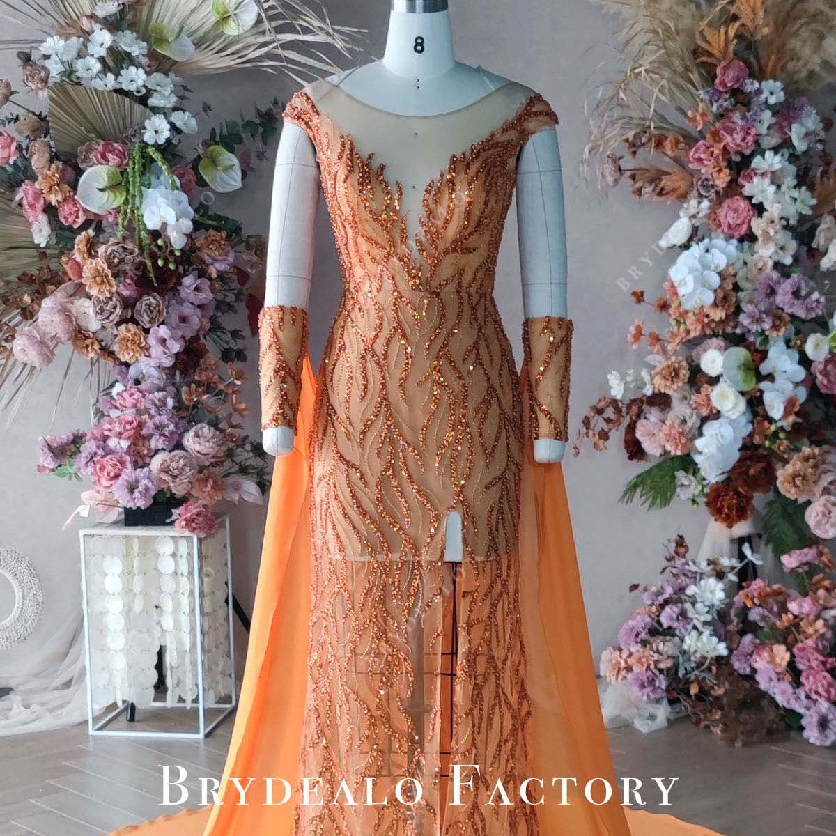 Custom Orange Beaded Slit Long Prom Dress