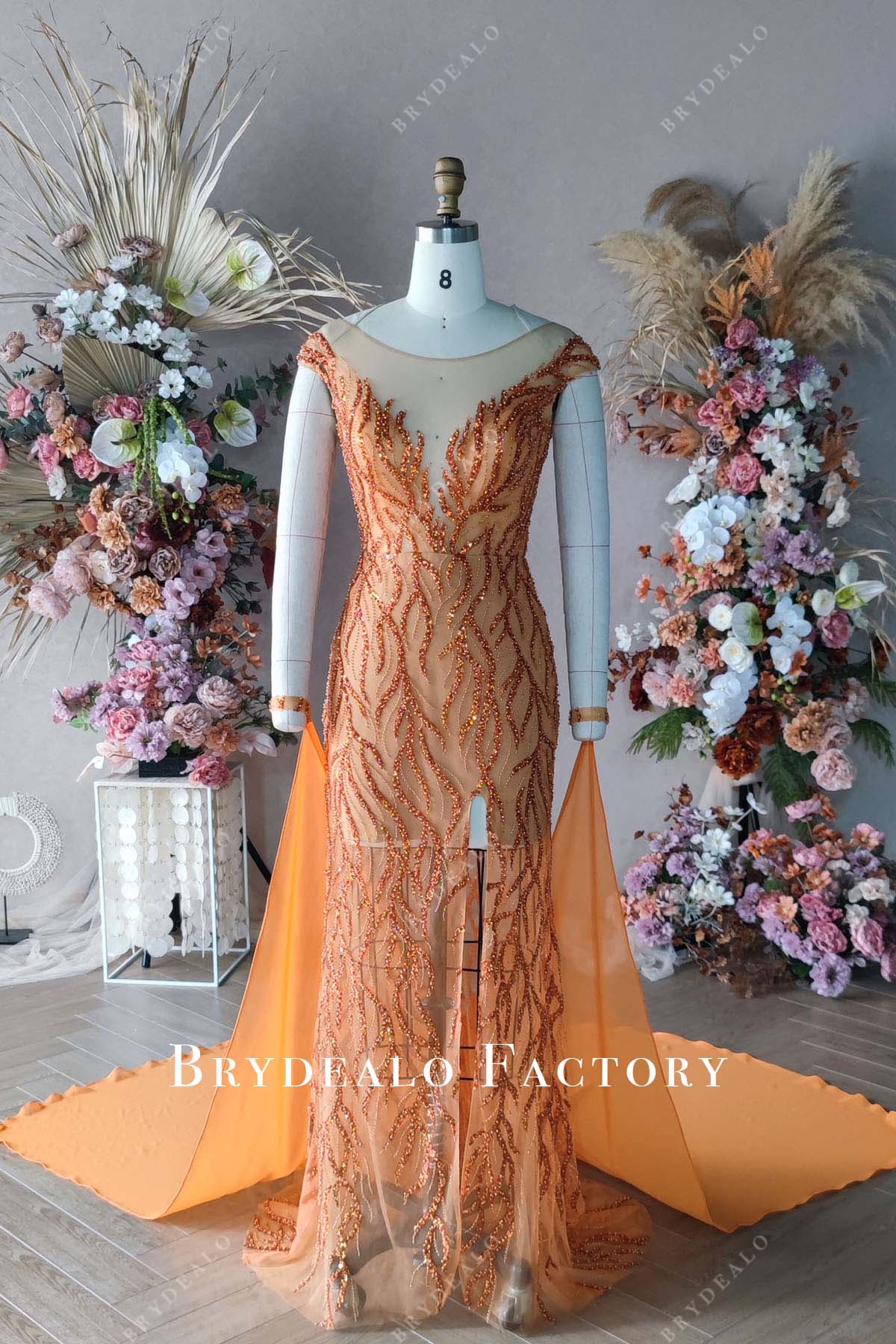 plunging neck sparkly beaded orange pageant dress