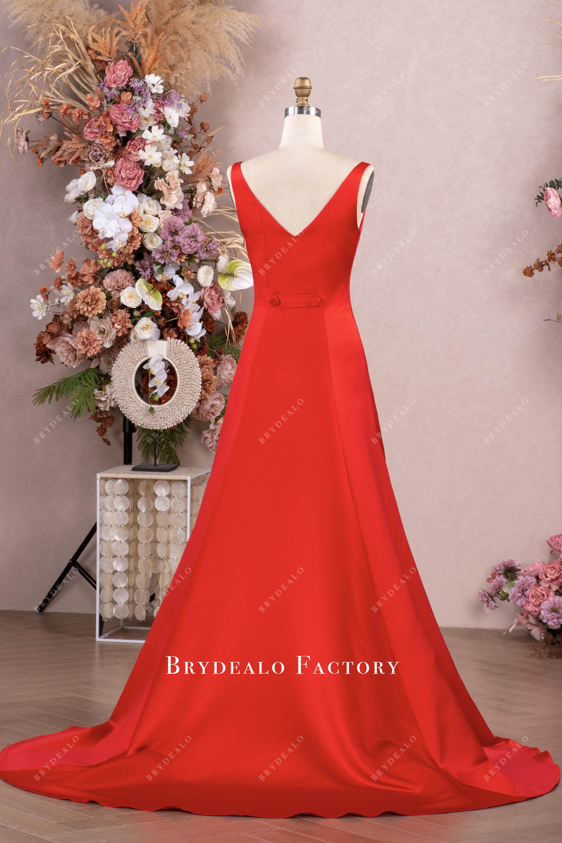 long red V-back satin prom dress