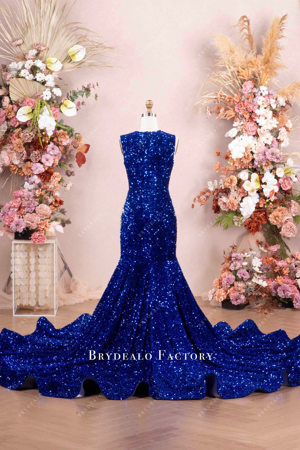 Sparkly Royal Blue Velvet Sequin Mermaid Prom Dress