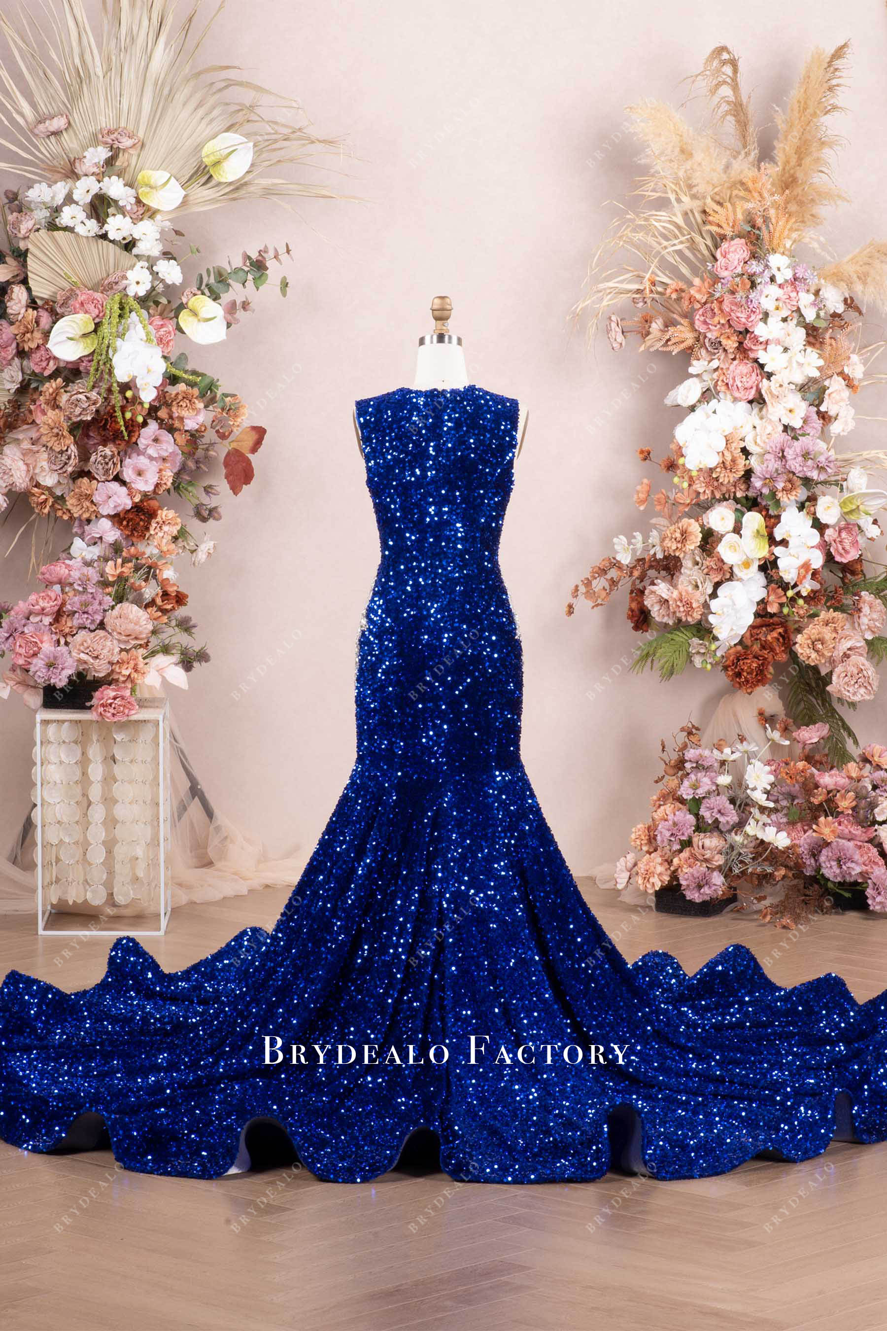 long ruffled royal blue prom dress
