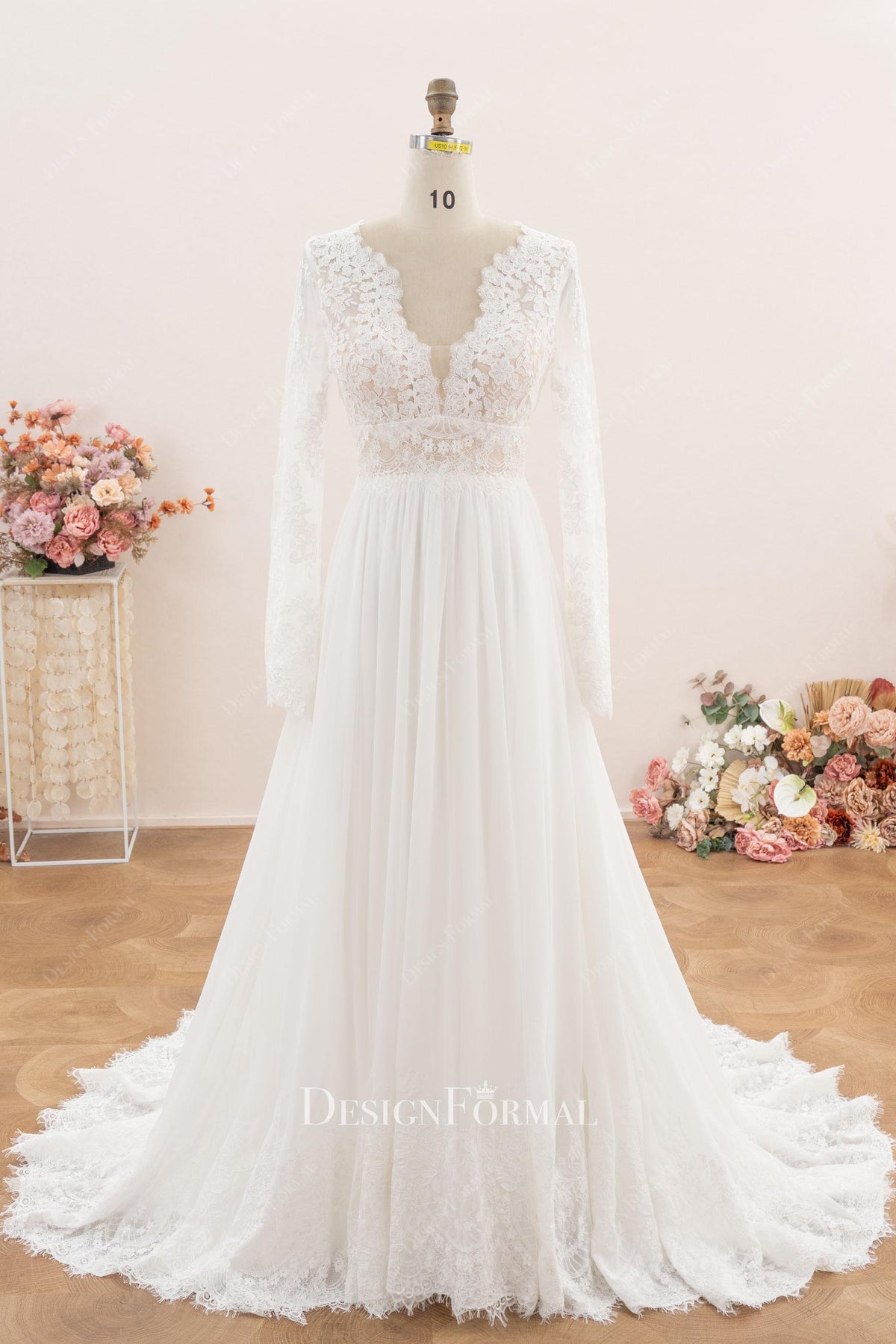 long scalloped train wedding dress
