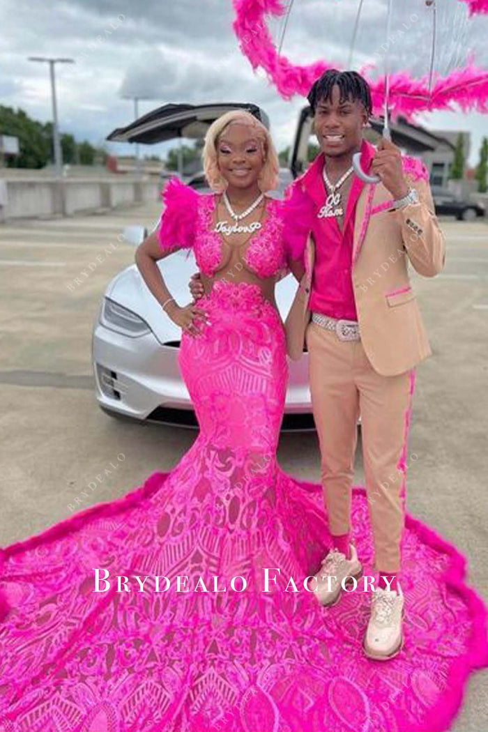 Rhinestones Unique Fuchsia Sequin Mermaid Long Train Prom Dress main image 0
