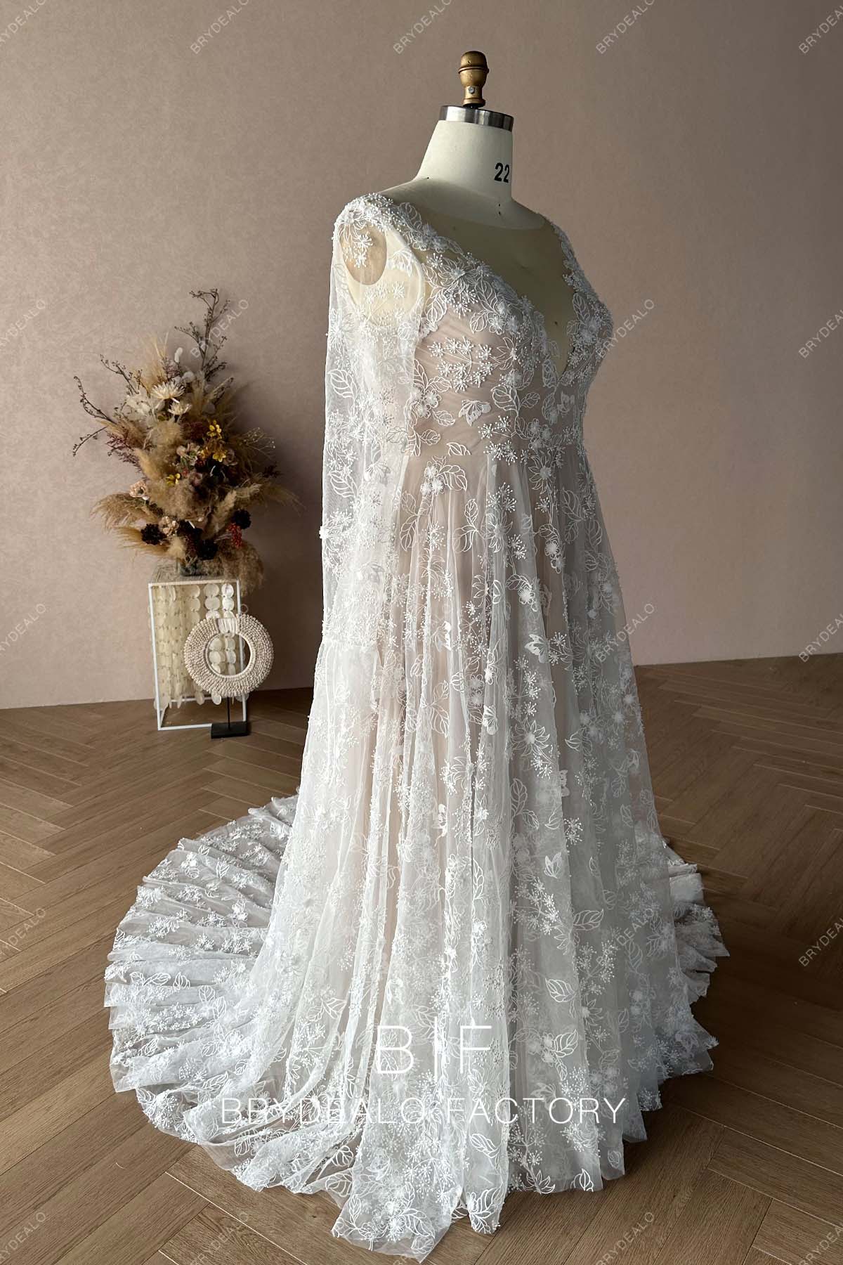 sheer poet sleeve A-line long boho bridal dress