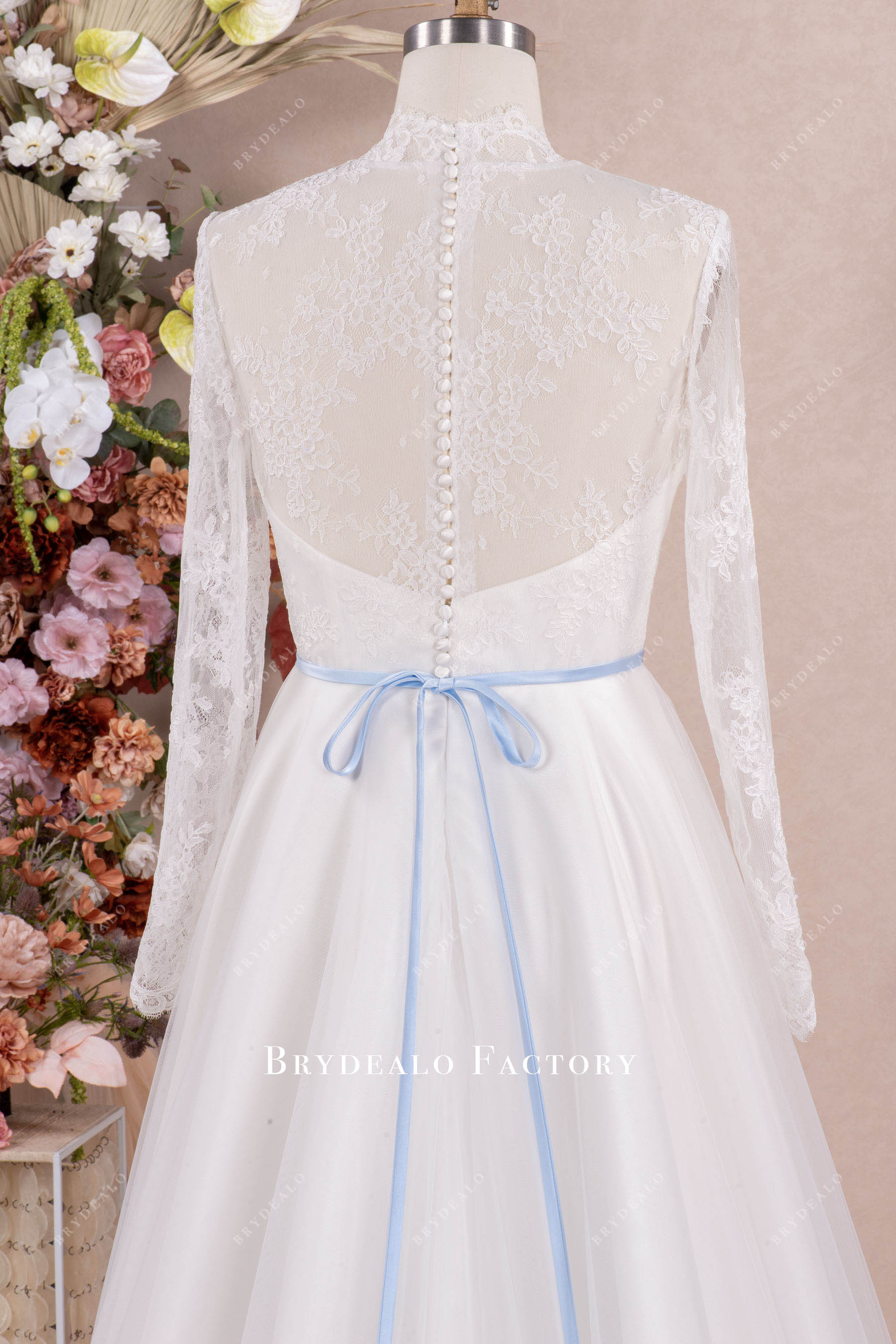 sheer long sleeves blue bowknot belt wedding gown