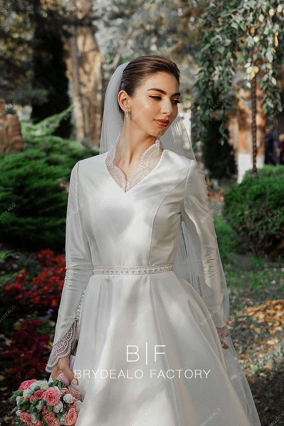 Vintage Satin Long Sleeve Destination Wedding Dress