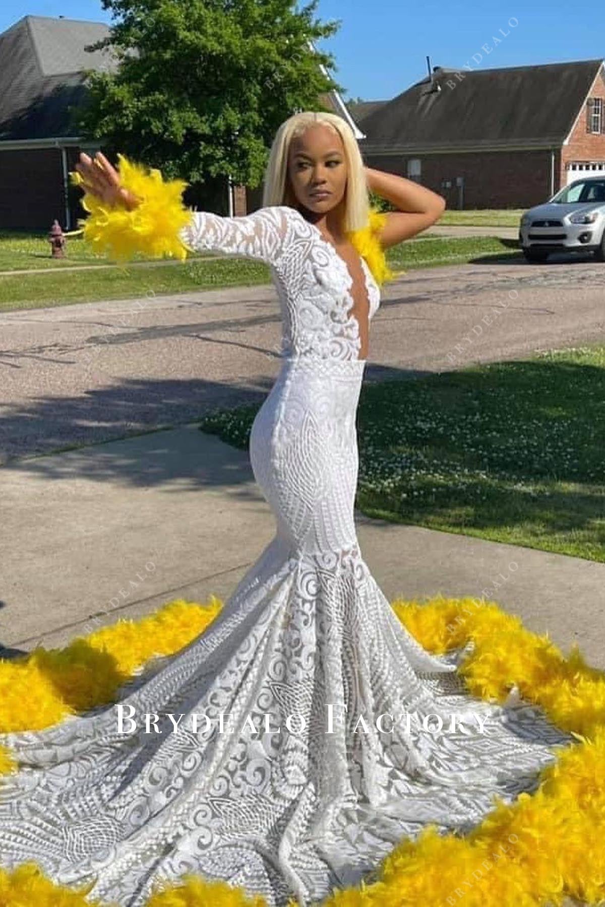 One Sleeve White Sequin Yellow Feather Long Train Prom Dress