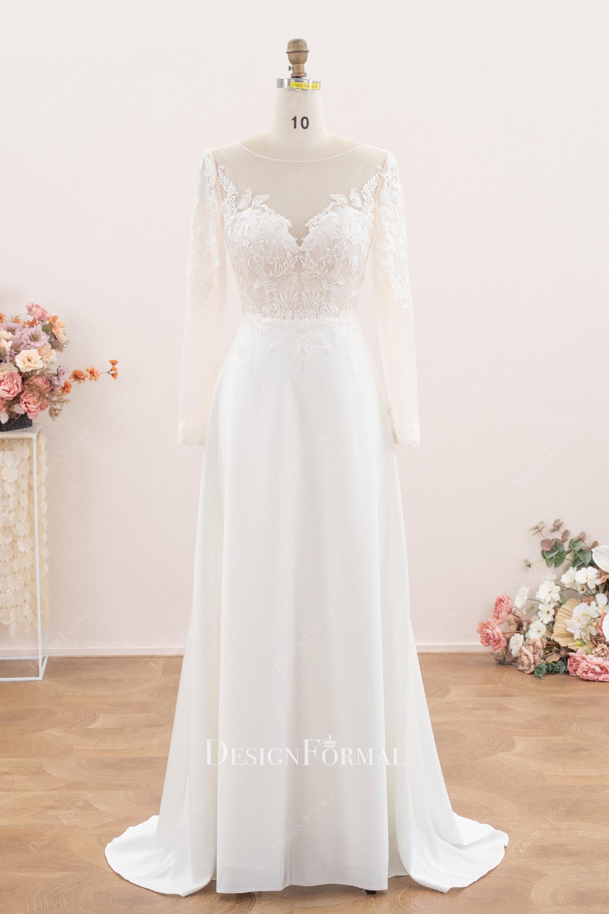 long sleeve illusion neckline a line wedding dress