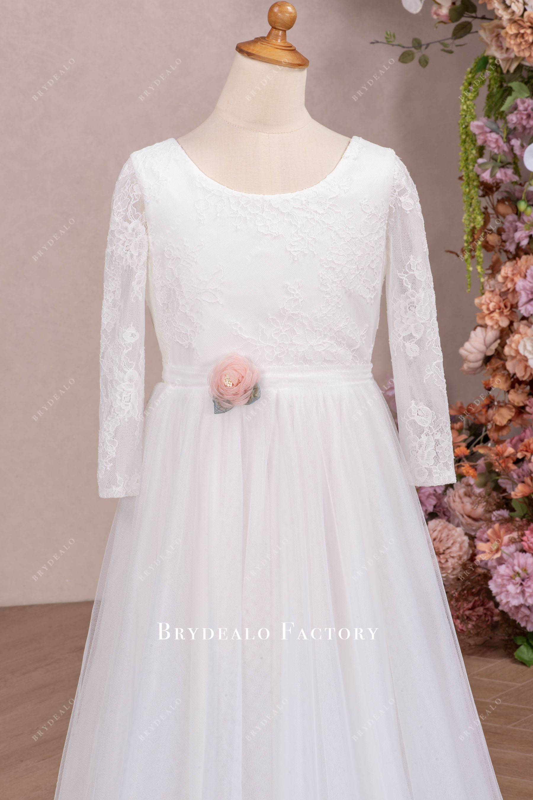 long sleeve lace boat neck flower girl dress