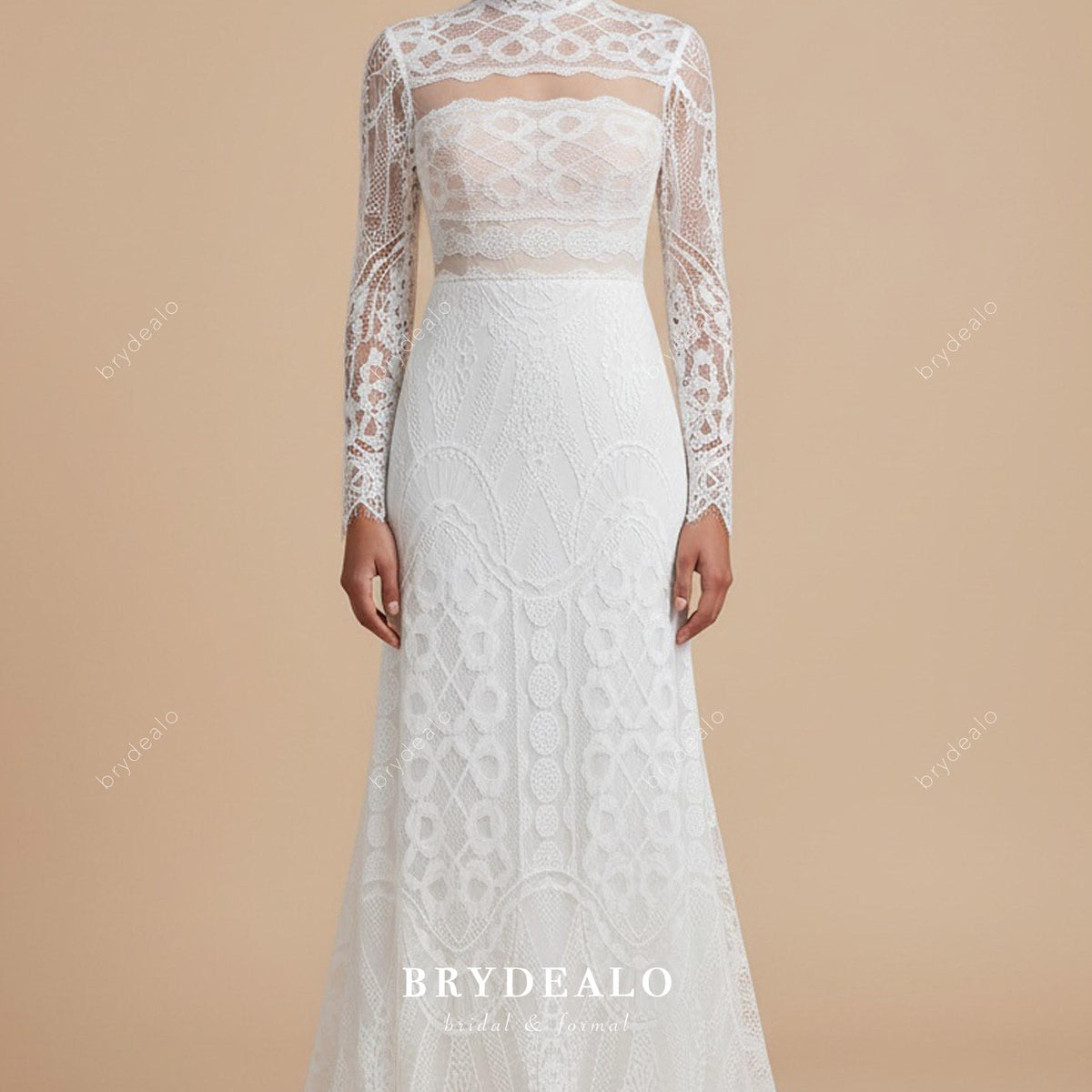Boho Lace High Neck Illusion Sleeves Fit-and-Flare Wedding Dress Boho Lace High Neck Illusion Sleeves Fit-and-Flare Wedding Dress