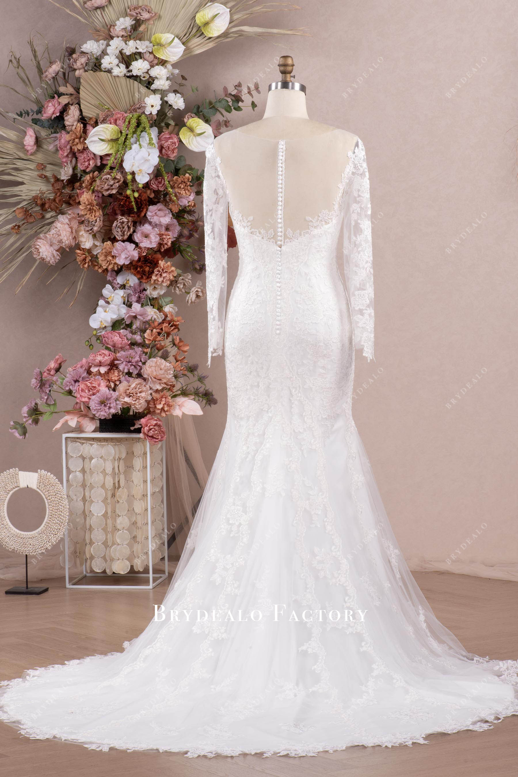 illusion back court train mermaid bridal dress