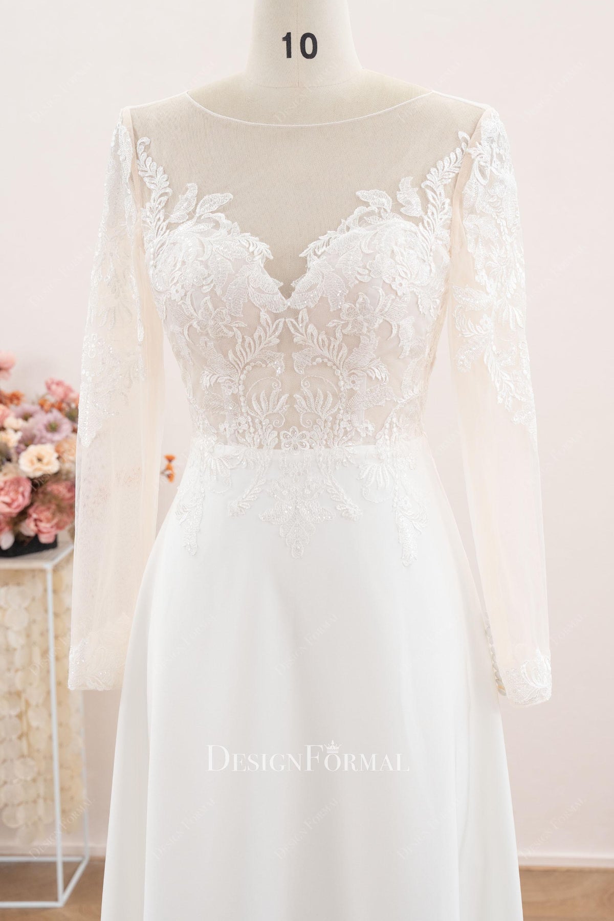 long sleeve lace satin a line wedding dress