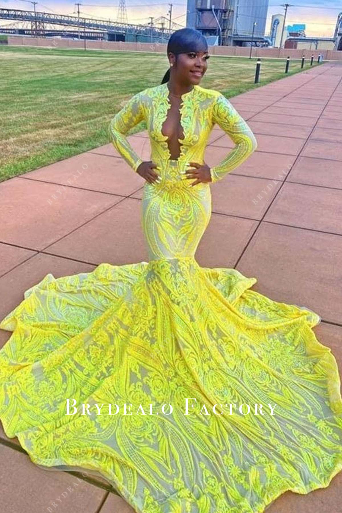 Yellow Sequin Plunging Neck Long Train Mermaid Prom Dress