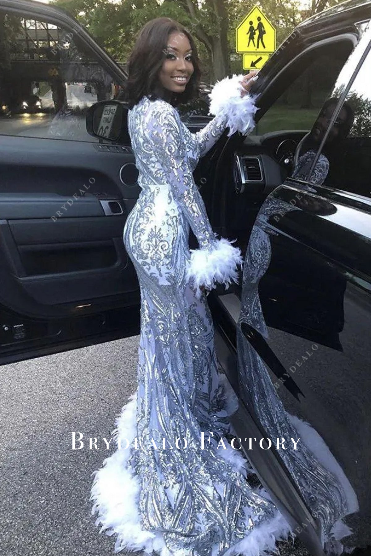 white feathers sheer long sleeve silver sequin prom dress