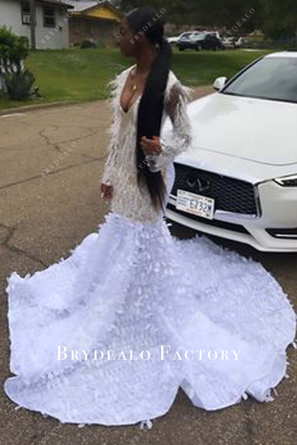 sheer long sleeve white leaf trumpet prom dress