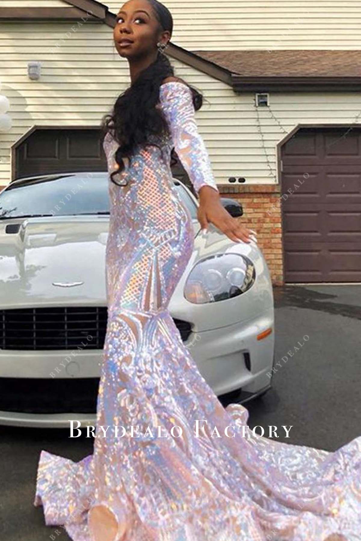 Iridescent Sequin Off Shoulder V-neck Long Sleeve Mermaid Prom Dress