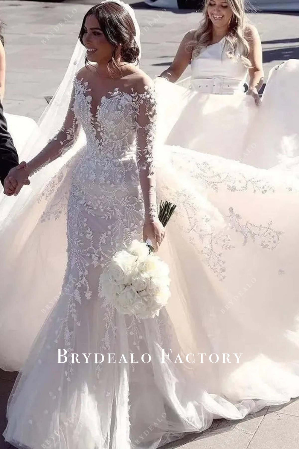 Nude Lace Mermaid Detachable Overskirt Wedding Dress