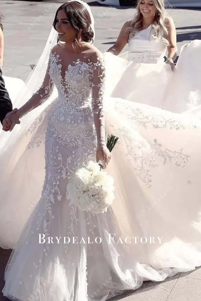 Custom Champagne Off Shoulder Mermaid Wedding Dress with Overskirt