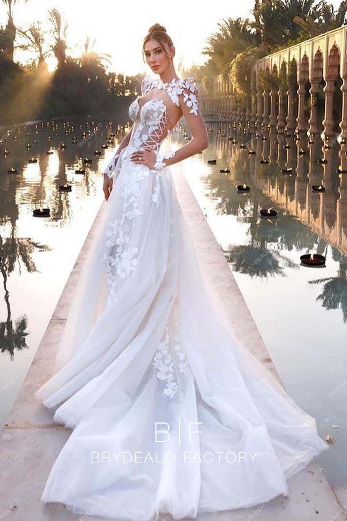Sheer Sleeve Baroque Long Train Wedding Dress Overskirt