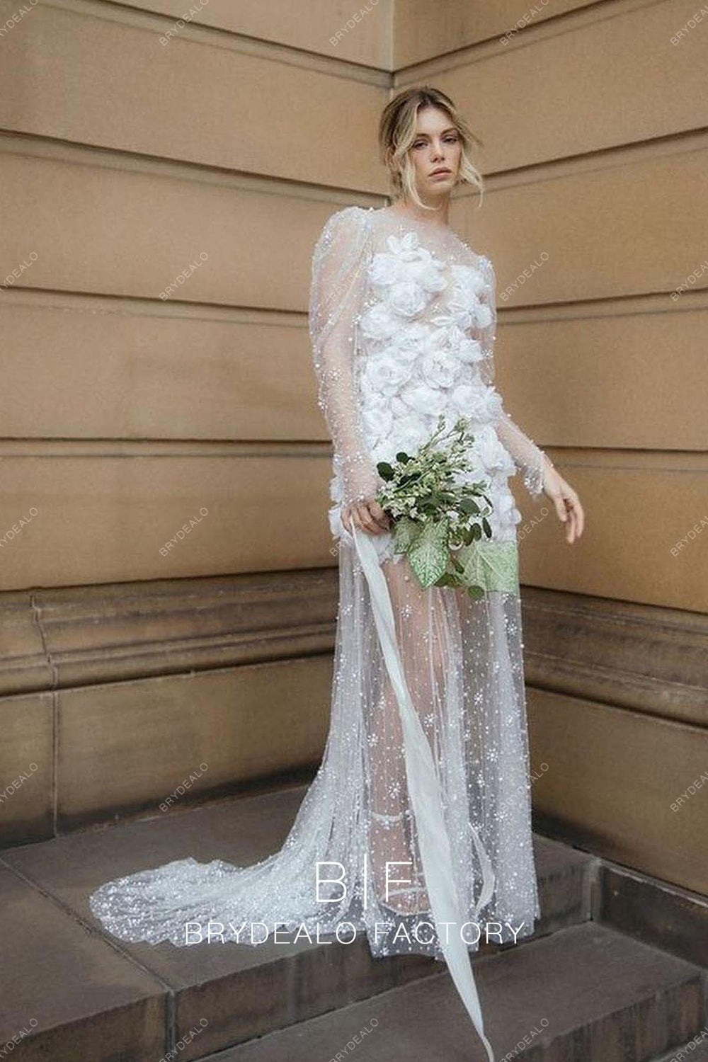 Champagne Allover Pearls Long Sleeves Custom Destination Bridal Dress