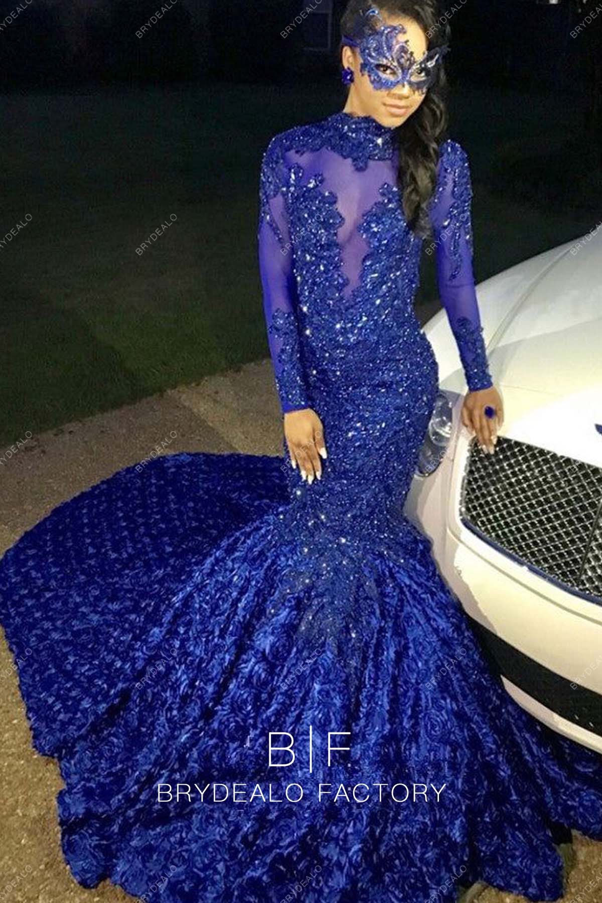 Sparkly Royal Blue Sequins 3D Roses Mermaid Prom Dress