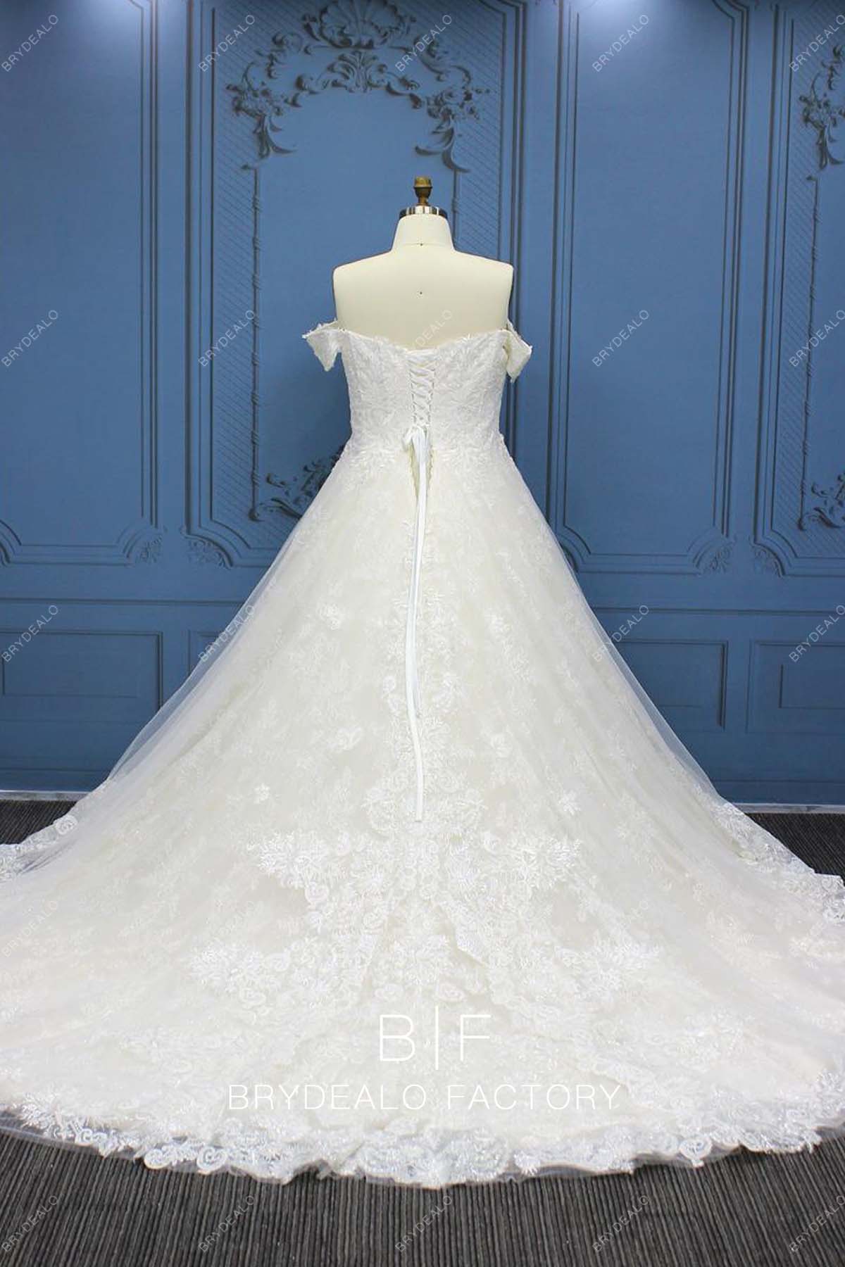 long train A-line lace tulle bridal gown