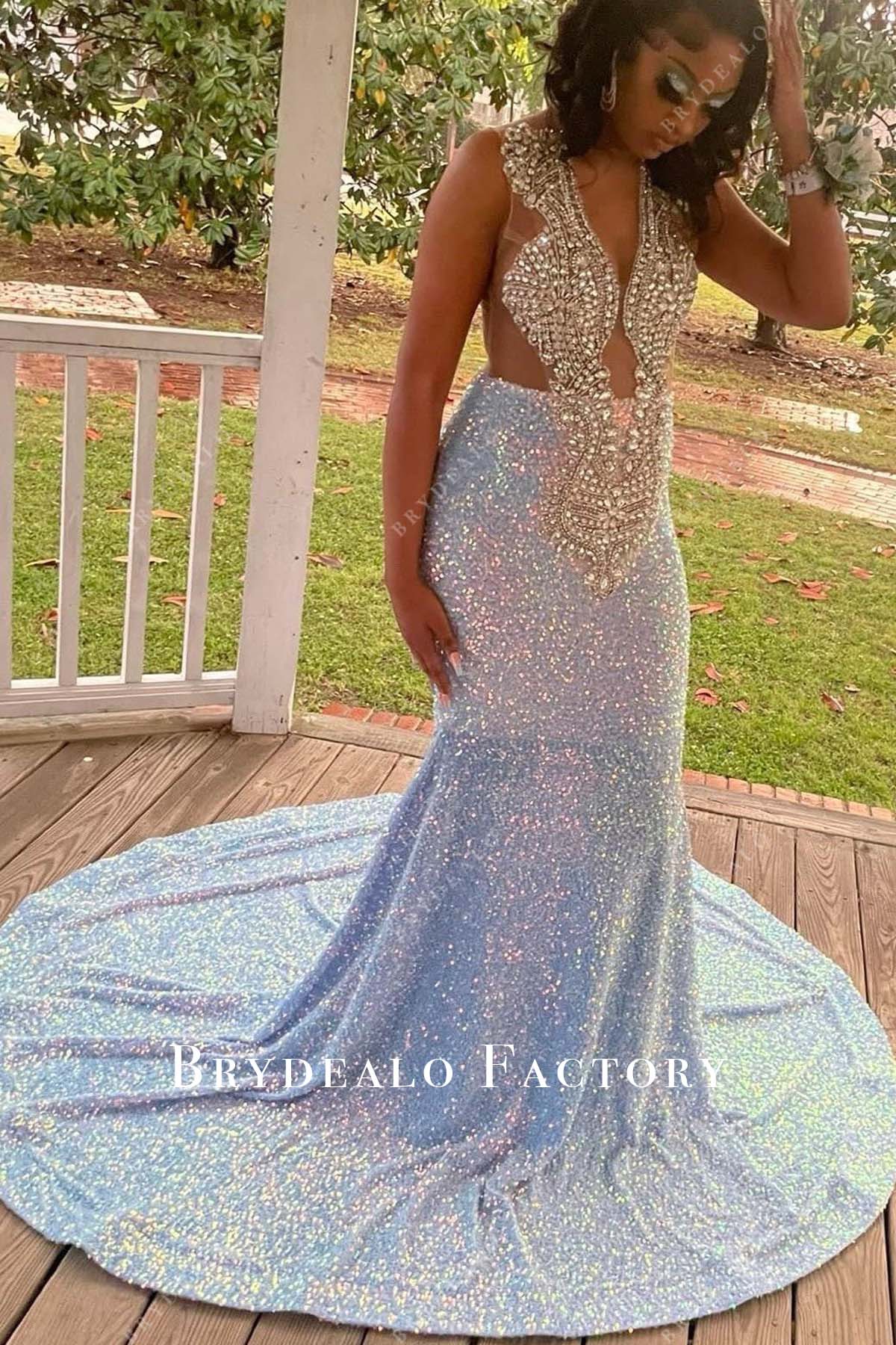 sleeveless sparkly sequin blue long train prom dress