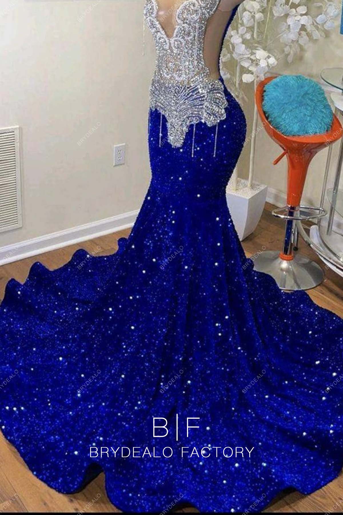 ruffled long chapel train royal blue sequin prom dress