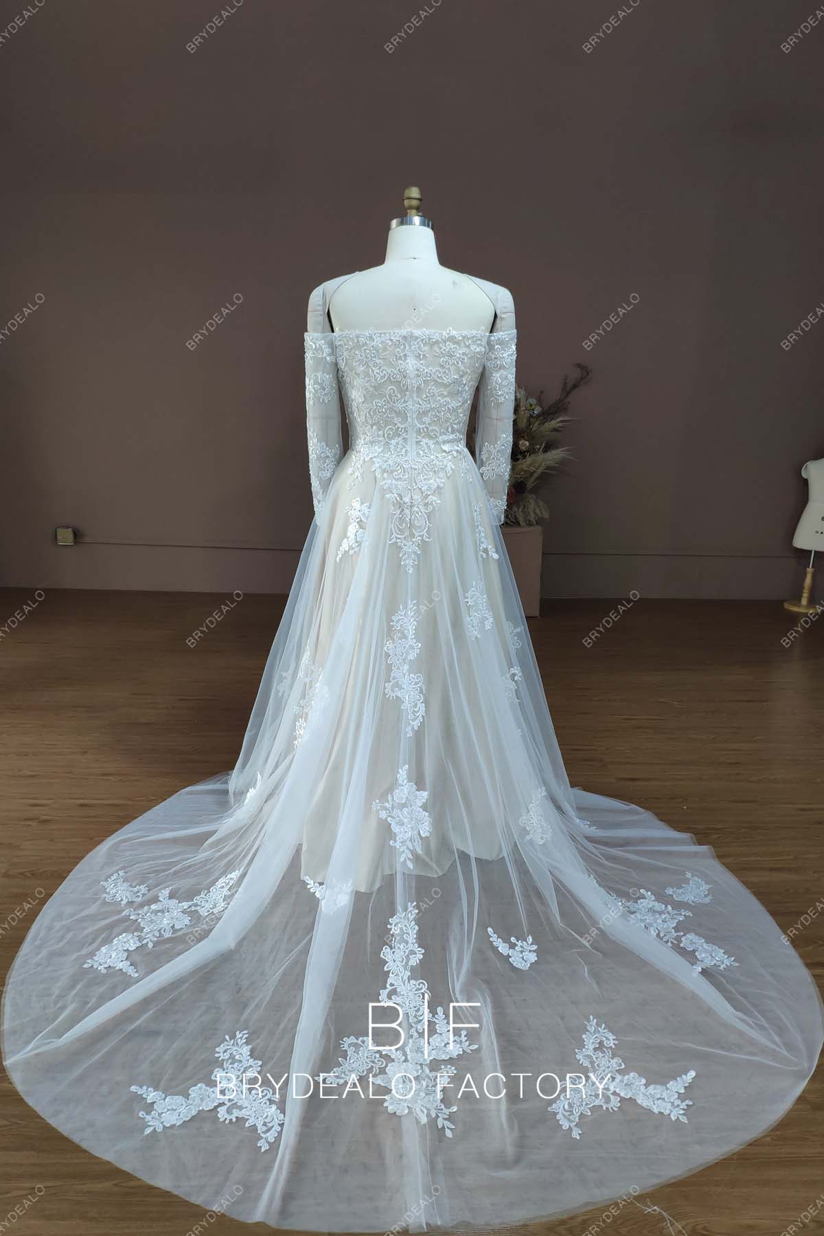 Designer Lace Long Train Destination Wedding Dress
