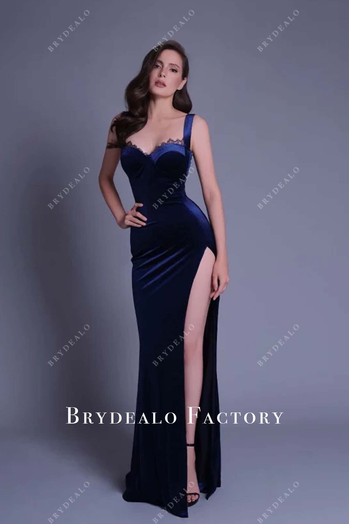 Navy Blue Velvet Sexy Slit Floor Length Formal Dress