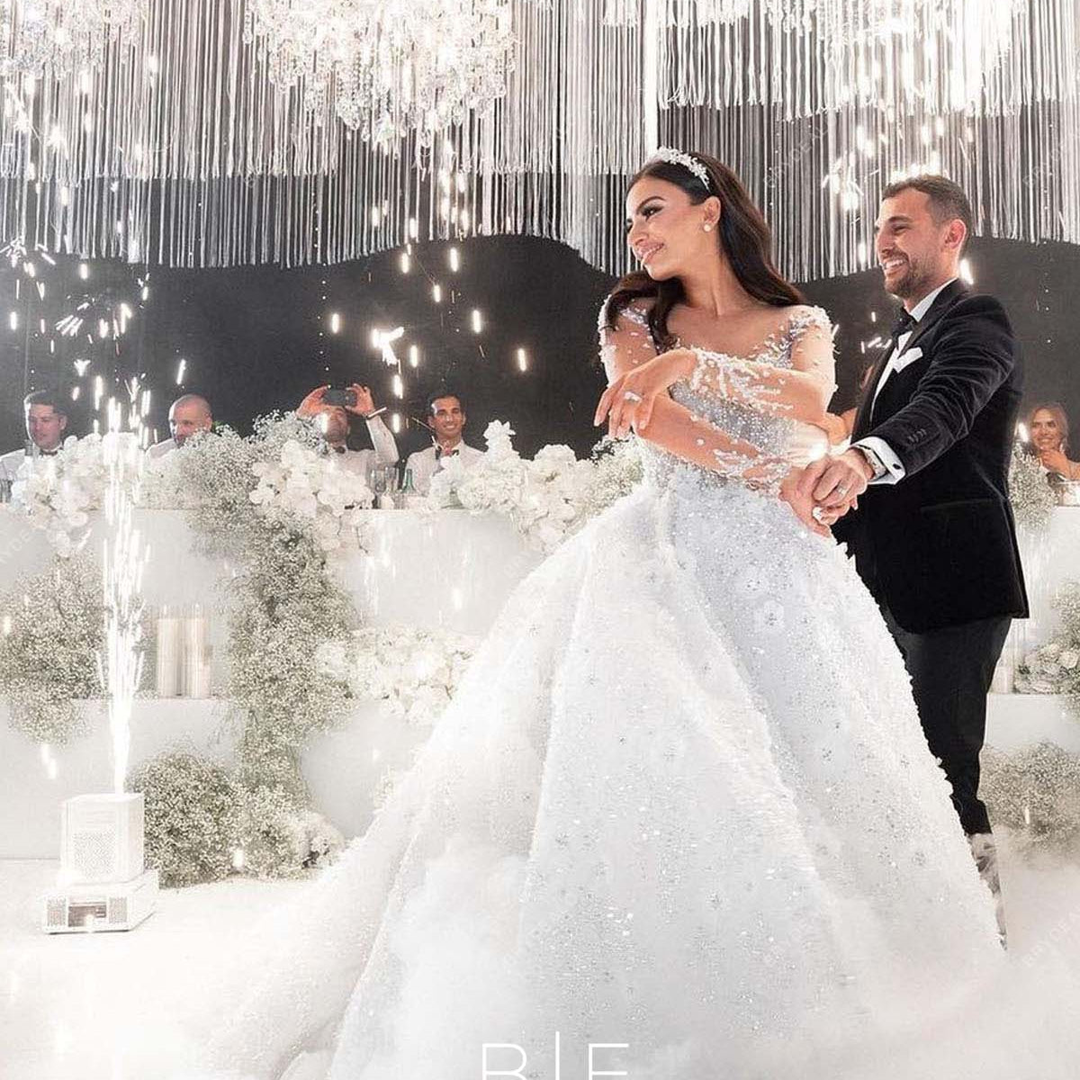 luxury ball wedding dresses Luxury Beaded Illusion Neck Long Sleeve Custom Ball Gown Wedding Dress