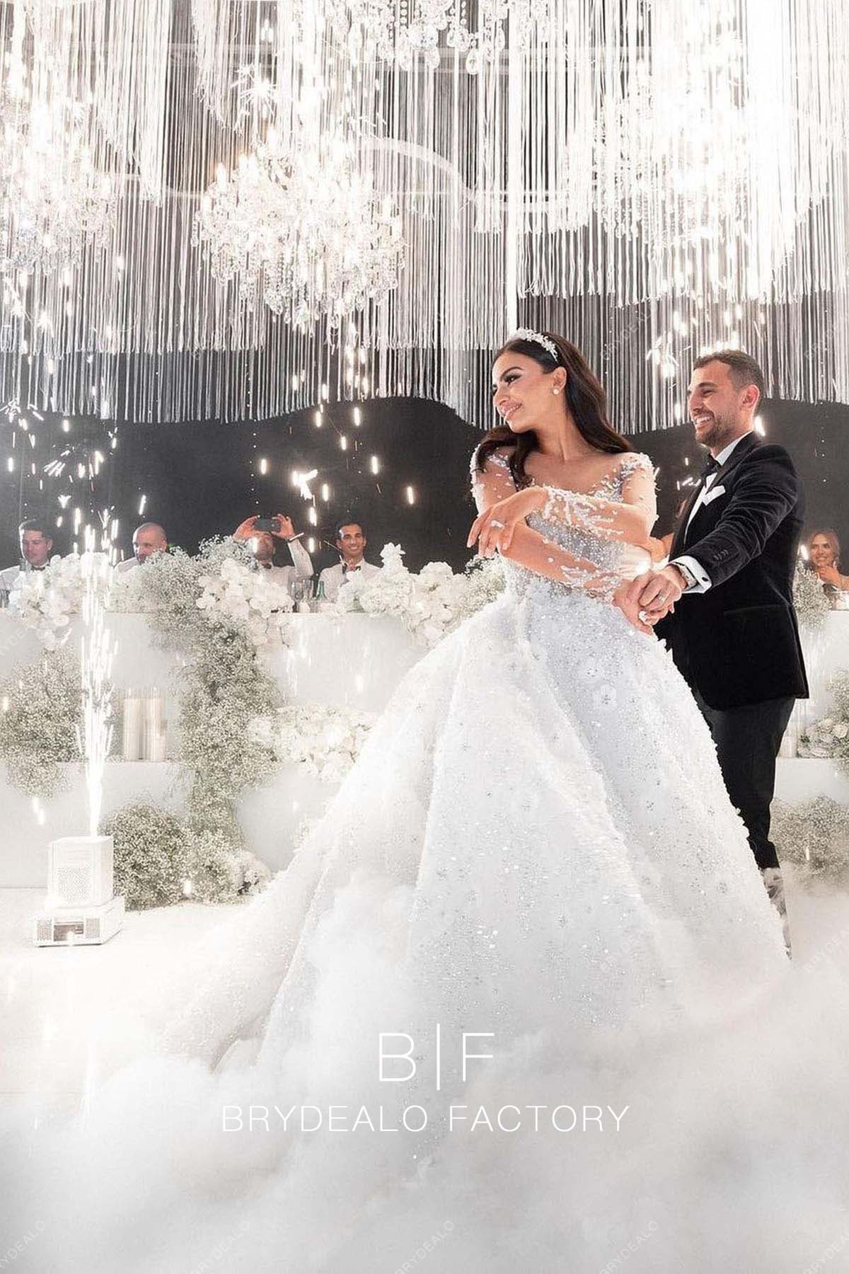 Luxury Beaded Sheer Long Sleeve Ball Gown Wedding Dress