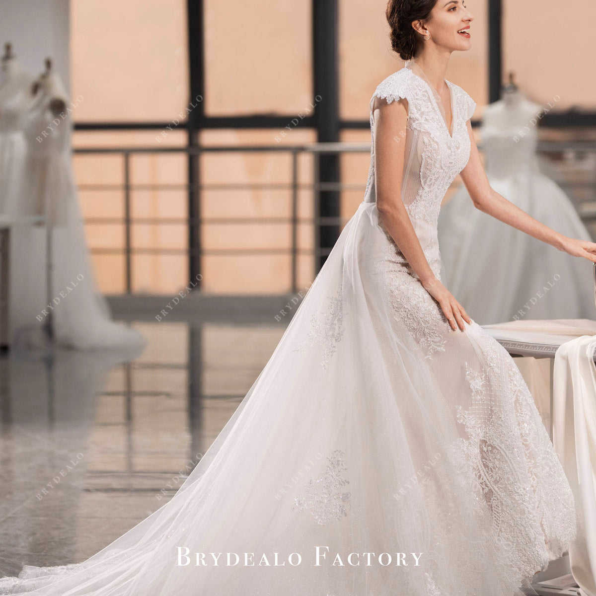 beaded wedding dress with overskirt Beaded Cap Sleeve Bridal Overskirt Gown by Nox Anabel JE995L