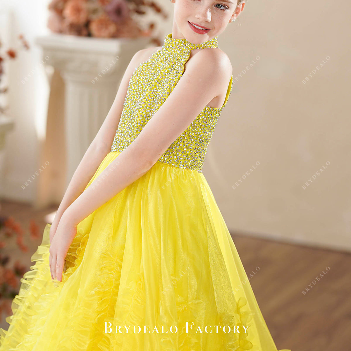 Yellow Organza Sparkly Rhinestone Sleeveless Little Girl Pageant Dress