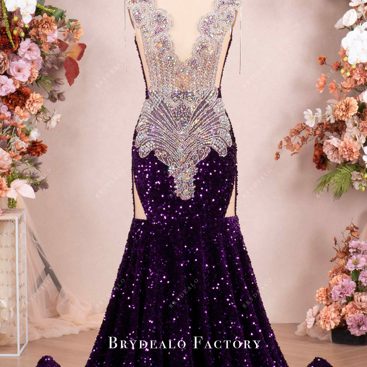 fitted lace wedding dress Sparkly Galaxy Rhinestone Grape Purple Sequin Prom Dress