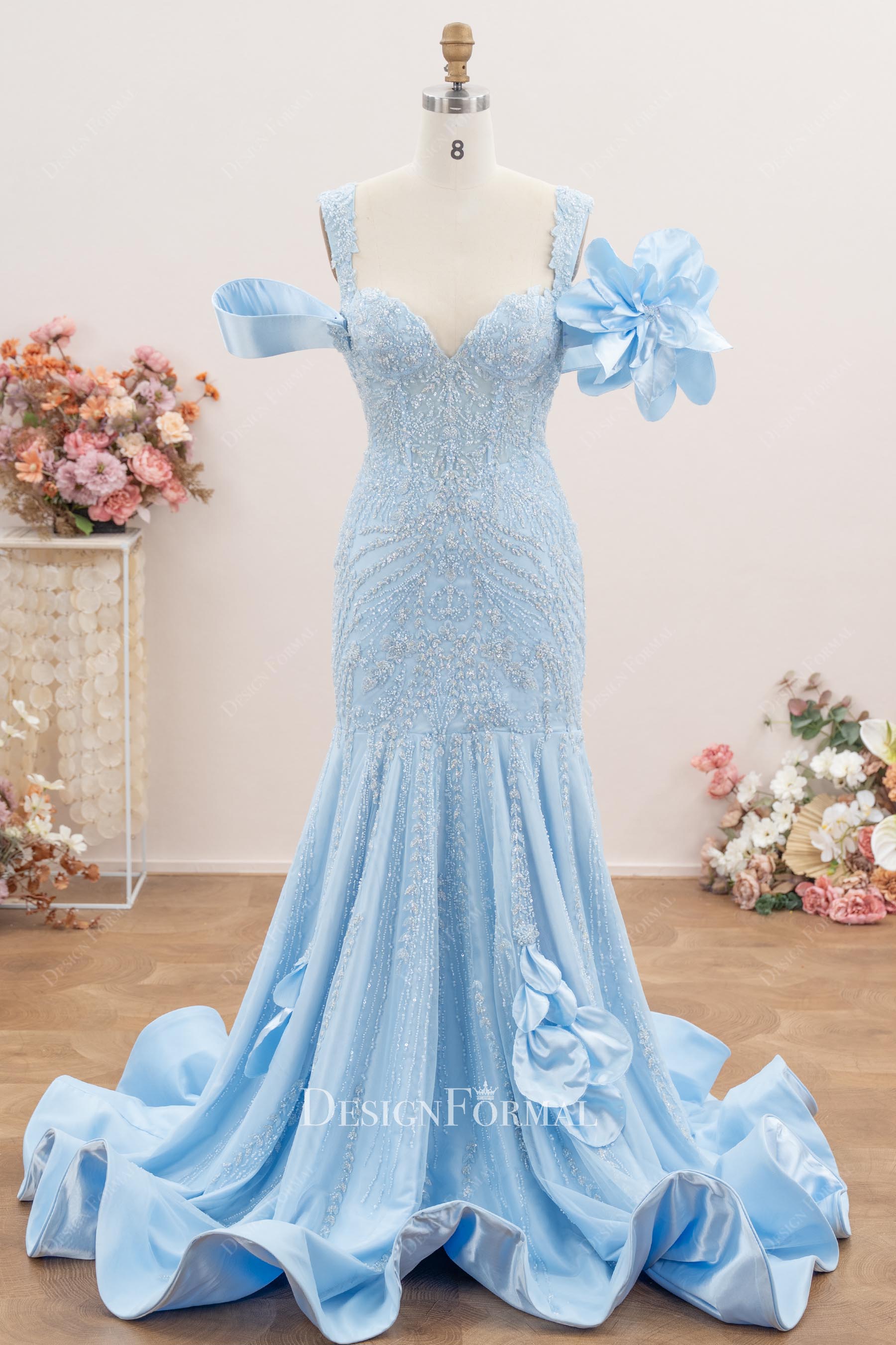 luxury sky blue trumpet formal dress