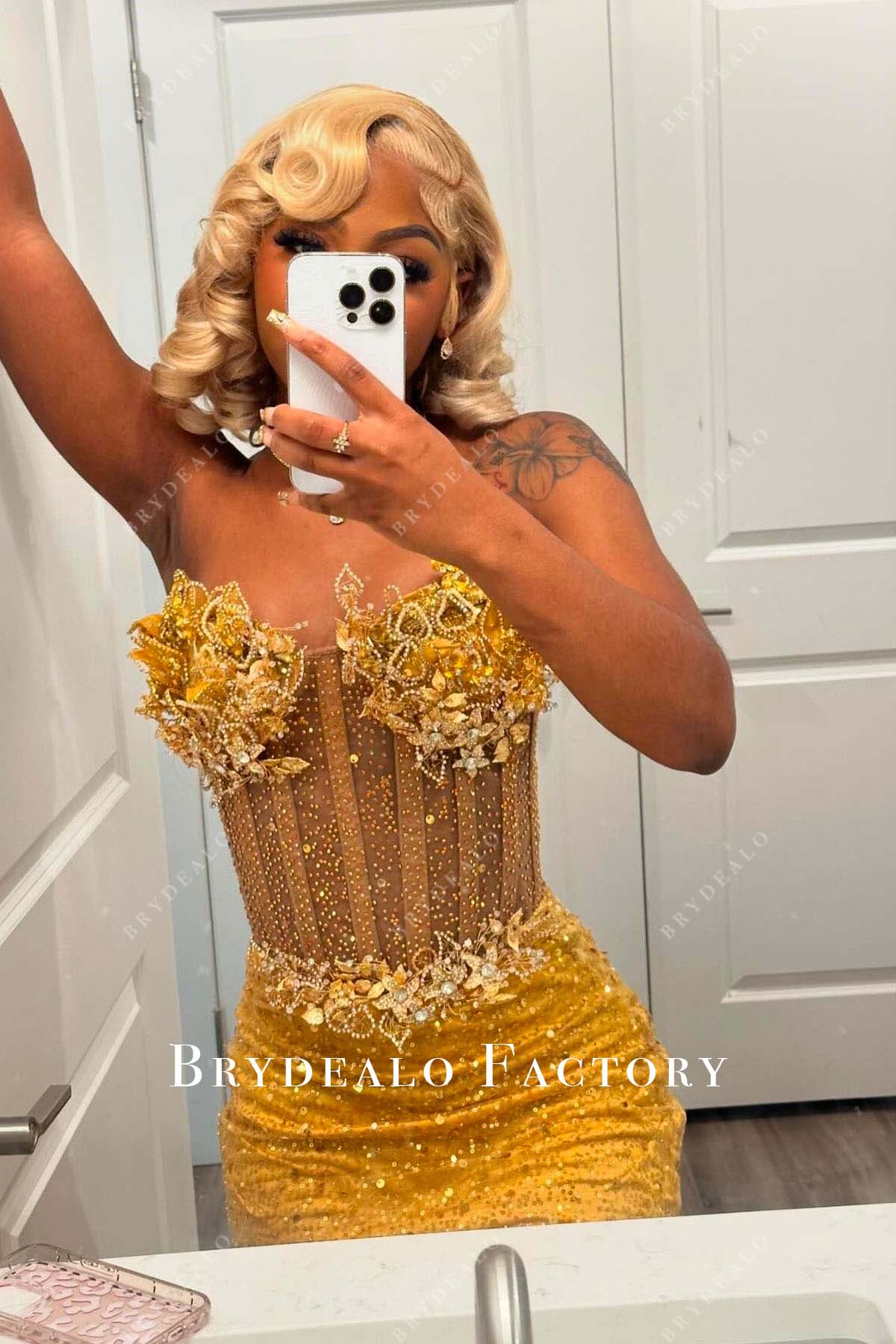 marigold rhinestones corset prom dress