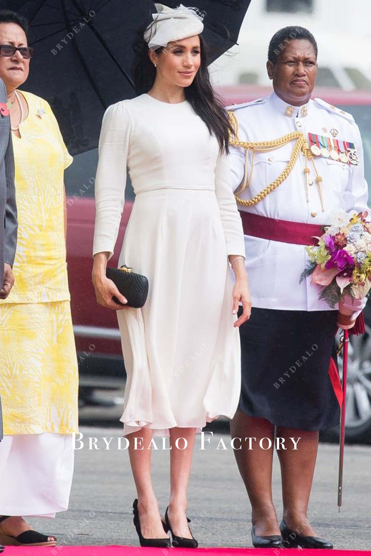 Meghan Markle tea-length dress Suva’s Nausori Airport 2018 