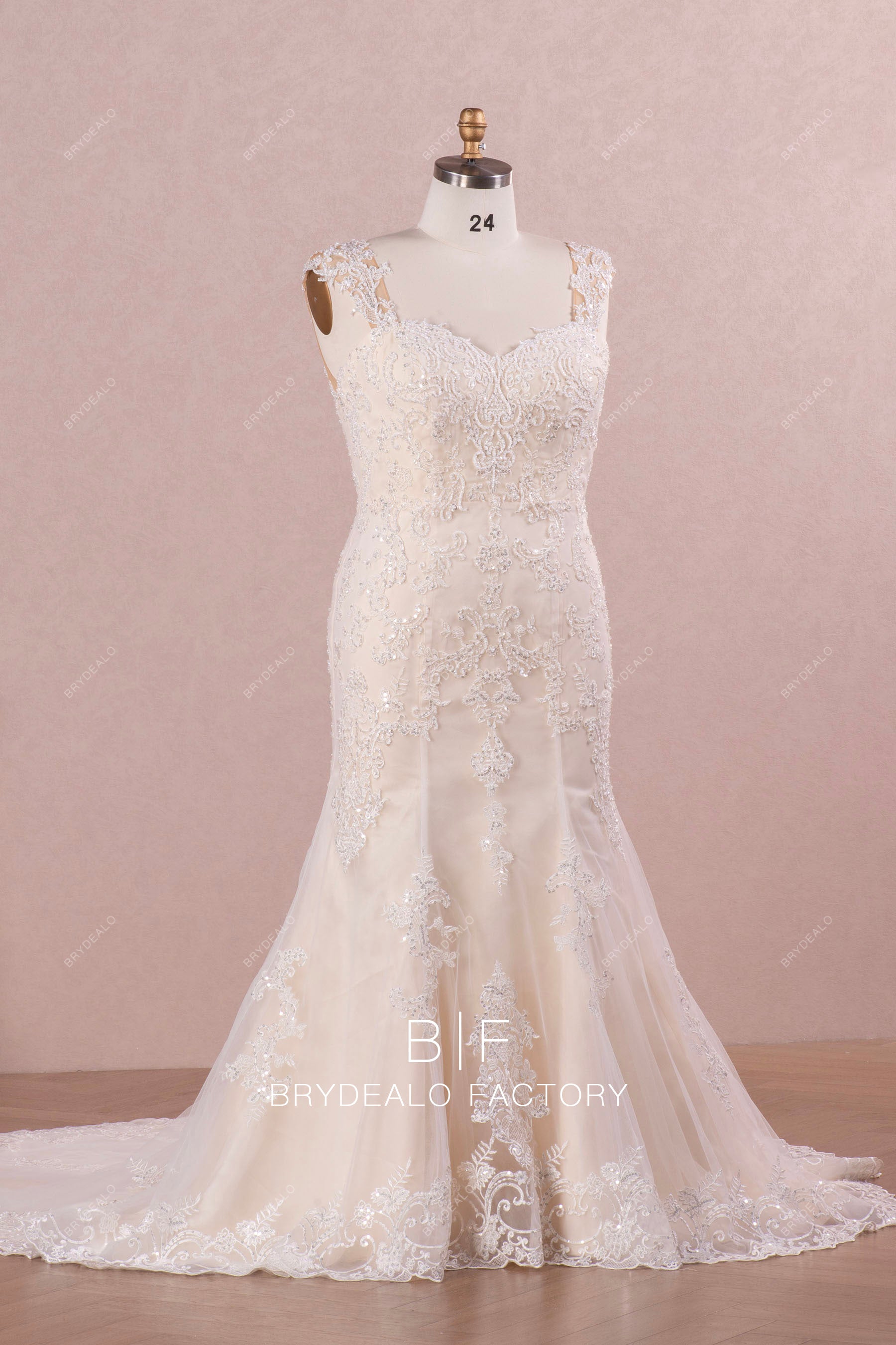 sleeveless beaded lace mermaid wedding gown